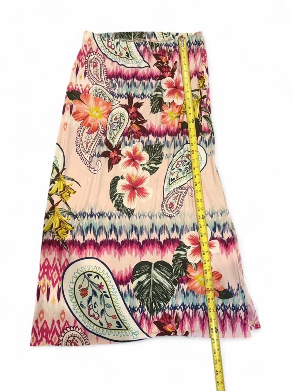 Chico’s 1 Tropical Floral Paisley Maxi Skirt with Side Slit in Peach and Pink